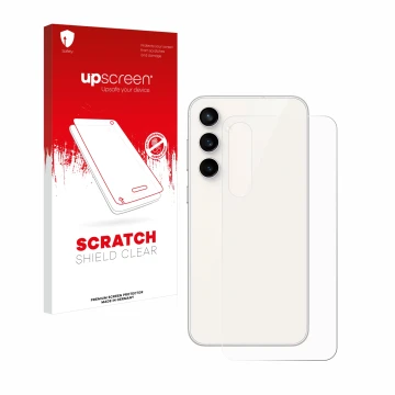Vorderseite einer Produktverpackung mit dem Markenlogo upscreen. Daneben ist das Gerät Samsung Galaxy S23 FE (Rückseite) mit d