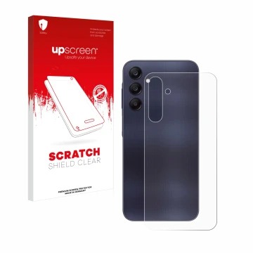Vorderseite einer Produktverpackung mit dem Markenlogo upscreen. Daneben ist das Gerät Samsung Galaxy A25 5G (Rückseite) mit d