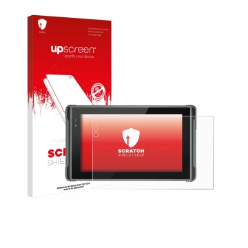 Vorderseite einer Produktverpackung mit dem Markenlogo upscreen. Daneben ist das Gerät Hugerock X7 mit dem zugehörigen Display