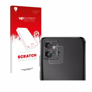 Vorderseite einer Produktverpackung mit dem Markenlogo upscreen. Daneben ist das Gerät Motorola Moto G32 (NUR Kameraschutz) mi