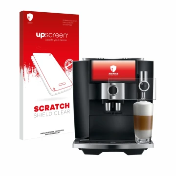 Vorderseite einer Produktverpackung mit dem Markenlogo upscreen. Daneben ist das Gerät Jura J8 twin mit dem zugehörigen Displa
