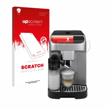 Vorderseite einer Produktverpackung mit dem Markenlogo upscreen. Daneben ist das Gerät DeLonghi Magnifica Plus mit dem zugehör