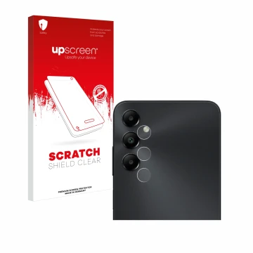 Vorderseite einer Produktverpackung mit dem Markenlogo upscreen. Daneben ist das Gerät Samsung Galaxy A05s (NUR Kameraschutz) 