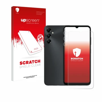 Vorderseite einer Produktverpackung mit dem Markenlogo upscreen. Daneben ist das Gerät Samsung Galaxy A05s (Display+Kamera) mi