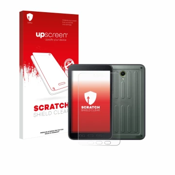 Vorderseite einer Produktverpackung mit dem Markenlogo upscreen. Daneben ist das Gerät Samsung Galaxy Tab Active 5 (Hochformat