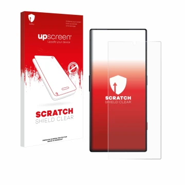 Vorderseite einer Produktverpackung mit dem Markenlogo upscreen. Daneben ist das Gerät ZTE Nubia Red Magic 8 Pro mit dem zugeh