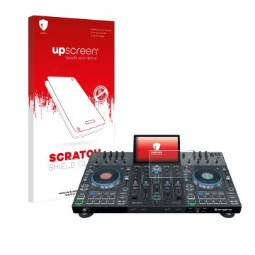 Vorderseite einer Produktverpackung mit dem Markenlogo upscreen. Daneben ist das Gerät Denon DJ Prime 4+ mit dem zugehörigen D