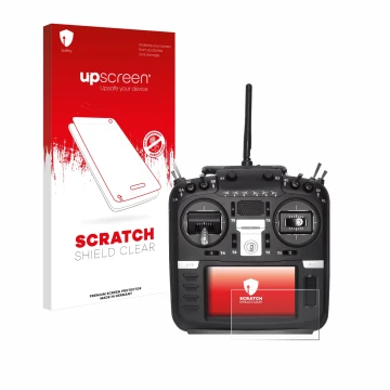 Vorderseite einer Produktverpackung mit dem Markenlogo upscreen. Daneben ist das Gerät Radiomaster TX16S Mark II mit dem zugeh