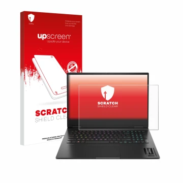Vorderseite einer Produktverpackung mit dem Markenlogo upscreen. Daneben ist das Gerät HP Omen 16 2024 mit dem zugehörigen Dis