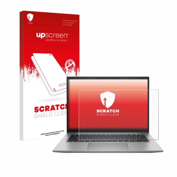 Vorderseite einer Produktverpackung mit dem Markenlogo upscreen. Daneben ist das Gerät HP Zbook Firefly 14 G10 mit dem zugehör
