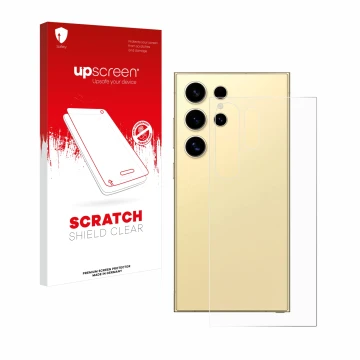 Vorderseite einer Produktverpackung mit dem Markenlogo upscreen. Daneben ist das Gerät Samsung Galaxy S24 Ultra (Rückseite) mi