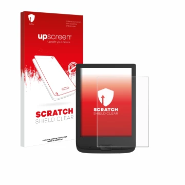 Vorderseite einer Produktverpackung mit dem Markenlogo upscreen. Daneben ist das Gerät PocketBook Basic Lux 4 mit dem zugehöri