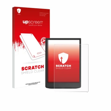 Vorderseite einer Produktverpackung mit dem Markenlogo upscreen. Daneben ist das Gerät Vivlio InkPad 4 mit dem zugehörigen Dis