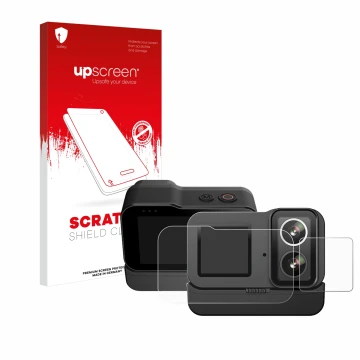 Vorderseite einer Produktverpackung mit dem Markenlogo upscreen. Daneben ist das Gerät SJCAM SJ20 Dual Lens mit dem zugehörige