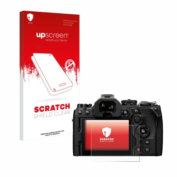 Vorderseite einer Produktverpackung mit dem Markenlogo upscreen. Daneben ist das Gerät Olympus OM System OM-1 Mark II mit dem 