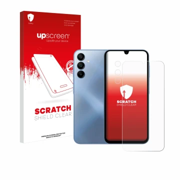 Vorderseite einer Produktverpackung mit dem Markenlogo upscreen. Daneben ist das Gerät Samsung Galaxy A15 (Display+Kamera) mit