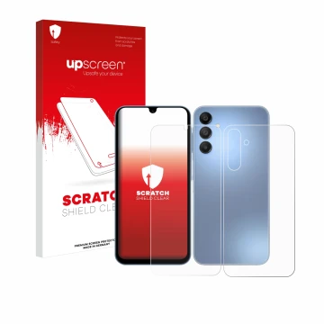 Vorderseite einer Produktverpackung mit dem Markenlogo upscreen. Daneben ist das Gerät Samsung Galaxy A15 (Display+Rückseite) 