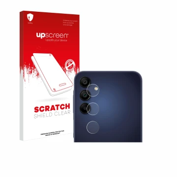 Vorderseite einer Produktverpackung mit dem Markenlogo upscreen. Daneben ist das Gerät Samsung Galaxy A15 5G (NUR Kameraschutz