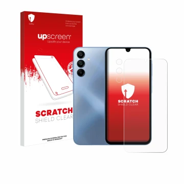 Vorderseite einer Produktverpackung mit dem Markenlogo upscreen. Daneben ist das Gerät Samsung Galaxy A15 5G (Display+Kamera) 