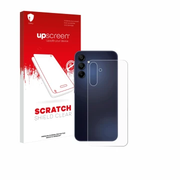 Vorderseite einer Produktverpackung mit dem Markenlogo upscreen. Daneben ist das Gerät Samsung Galaxy A15 5G (Rückseite) mit d