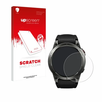 Vorderseite einer Produktverpackung mit dem Markenlogo upscreen. Daneben ist das Gerät Zeblaze Stratos 3 mit dem zugehörigen D