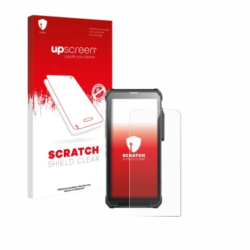 Vorderseite einer Produktverpackung mit dem Markenlogo upscreen. Daneben ist das Gerät RugGear RG880 mit dem zugehörigen Displ