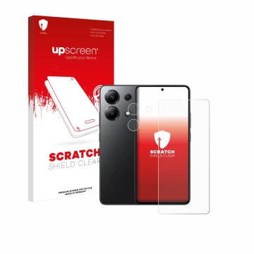 Vorderseite einer Produktverpackung mit dem Markenlogo upscreen. Daneben ist das Gerät Xiaomi Redmi Note 13 5G (Display+Kamera