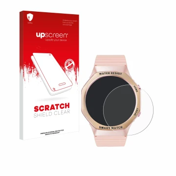 Vorderseite einer Produktverpackung mit dem Markenlogo upscreen. Daneben ist das Gerät Mutoy Smartwatch 1.32
