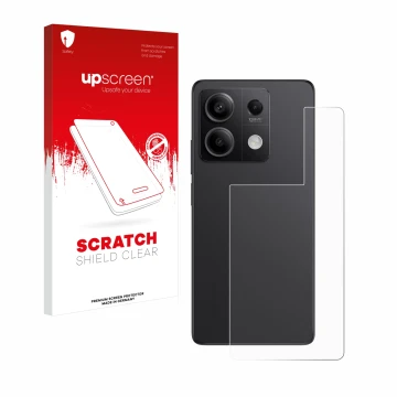 Vorderseite einer Produktverpackung mit dem Markenlogo upscreen. Daneben ist das Gerät Xiaomi Redmi Note 13 Pro 5G (Rückseite)