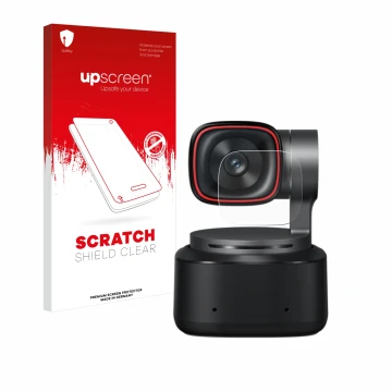 Vorderseite einer Produktverpackung mit dem Markenlogo upscreen. Daneben ist das Gerät OBSBOT Tiny 2 mit dem zugehörigen Displ