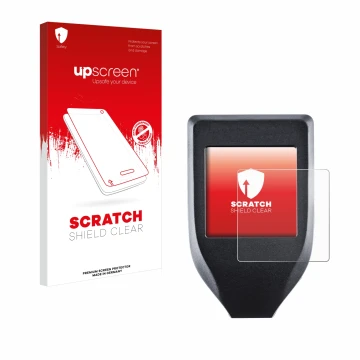 Vorderseite einer Produktverpackung mit dem Markenlogo upscreen. Daneben ist das Gerät Trezor Model T mit dem zugehörigen Disp
