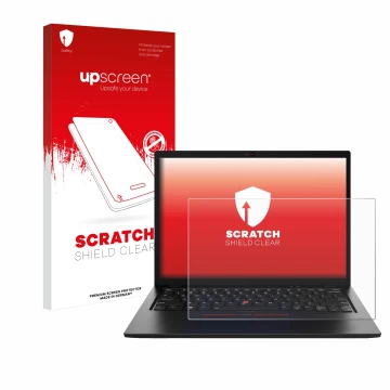 Vorderseite einer Produktverpackung mit dem Markenlogo upscreen. Daneben ist das Gerät Lenovo ThinkPad L13 Gen 4 Non-Touch mit