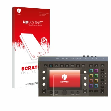 Vorderseite einer Produktverpackung mit dem Markenlogo upscreen. Daneben ist das Gerät Waldorf Iridium Core mit dem zugehörige
