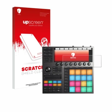 Vorderseite einer Produktverpackung mit dem Markenlogo upscreen. Daneben ist das Gerät Native Instruments Maschine + mit dem z