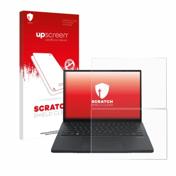 Vorderseite einer Produktverpackung mit dem Markenlogo upscreen. Daneben ist das Gerät ASUS ZenBook Duo OLED 2024 UX8406 mit d