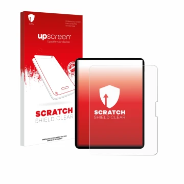 Vorderseite einer Produktverpackung mit dem Markenlogo upscreen. Daneben ist das Gerät Apple iPad Pro 13