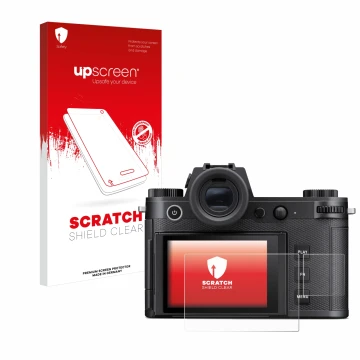 Vorderseite einer Produktverpackung mit dem Markenlogo upscreen. Daneben ist das Gerät Leica SL3 (Display + Schulterdisplay) m