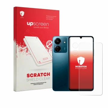 Vorderseite einer Produktverpackung mit dem Markenlogo upscreen. Daneben ist das Gerät Xiaomi Redmi 13C (Display+Kamera) mit d