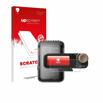 Vorderseite einer Produktverpackung mit dem Markenlogo upscreen. Daneben ist das Gerät DJI Mic 2 (Receiver) mit dem zugehörige