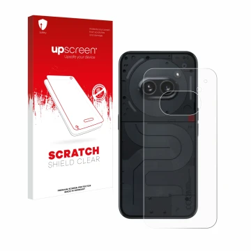 Vorderseite einer Produktverpackung mit dem Markenlogo upscreen. Daneben ist das Gerät Nothing Phone (2a) (Rückseite) mit dem 