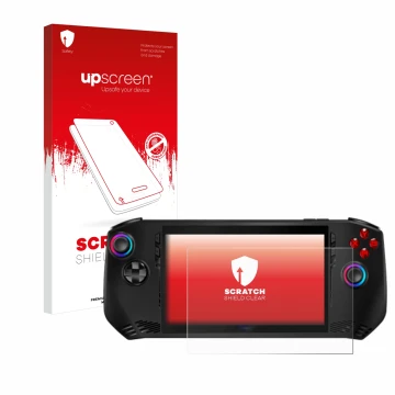 Vorderseite einer Produktverpackung mit dem Markenlogo upscreen. Daneben ist das Gerät MSI Claw A1M mit dem zugehörigen Displa