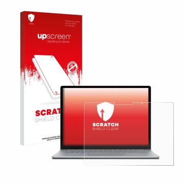 Vorderseite einer Produktverpackung mit dem Markenlogo upscreen. Daneben ist das Gerät Microsoft Surface Laptop 6 13.5