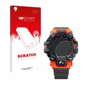 Vorderseite einer Produktverpackung mit dem Markenlogo upscreen. Daneben ist das Gerät Casio G-Shock GW-9500 mit dem zugehörig