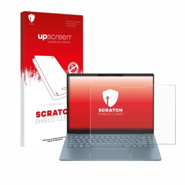 Vorderseite einer Produktverpackung mit dem Markenlogo upscreen. Daneben ist das Gerät HP Pavilion Plus 14-ew mit dem zugehöri