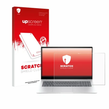Vorderseite einer Produktverpackung mit dem Markenlogo upscreen. Daneben ist das Gerät HP Envy 17 2024 mit dem zugehörigen Dis