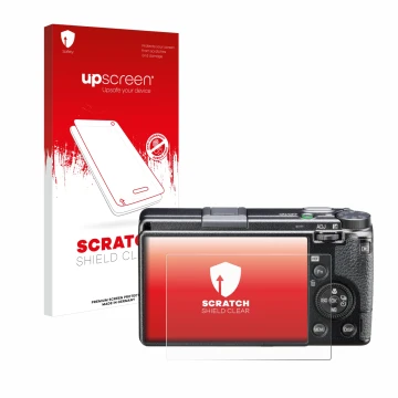 Vorderseite einer Produktverpackung mit dem Markenlogo upscreen. Daneben ist das Gerät Ricoh GR III HDF mit dem zugehörigen Di