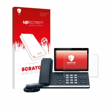 Vorderseite einer Produktverpackung mit dem Markenlogo upscreen. Daneben ist das Gerät Yealink SIP-T57W mit dem zugehörigen Di