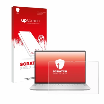 Vorderseite einer Produktverpackung mit dem Markenlogo upscreen. Daneben ist das Gerät Dell XPS 14 9440 Touch mit dem zugehöri