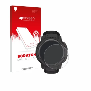 Vorderseite einer Produktverpackung mit dem Markenlogo upscreen. Daneben ist das Gerät Garmin Instinct Crossover Solar mit dem
