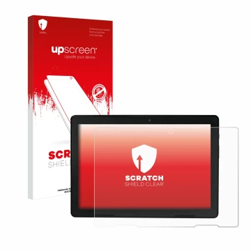 Vorderseite einer Produktverpackung mit dem Markenlogo upscreen. Daneben ist das Gerät MEDION E10900 10